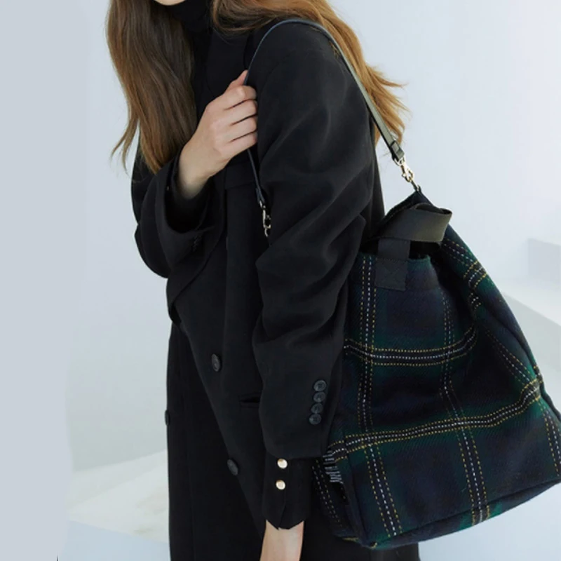 

Осенне-зимняя женская сумка, Корейская вязаная сумка из шерсти, женская новая стильная плюшевая сумка в шахматную клетку, вместительная хол...