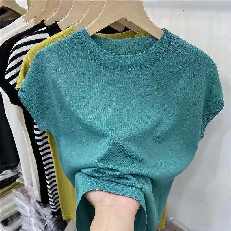Knitting Round Neck Solid Color T-shirt Fashion Girl New Summer Short-sleeved Women White  Tank Drop Top Bodysuits Party Female