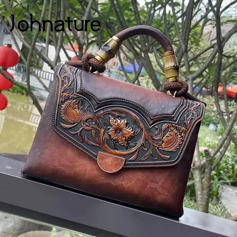 Johnature 2022 New Autumn Vintage Embossed Handbag Versatile Leather Women Bag Large Capacity Handmade Shoulder & Crossbody Bags