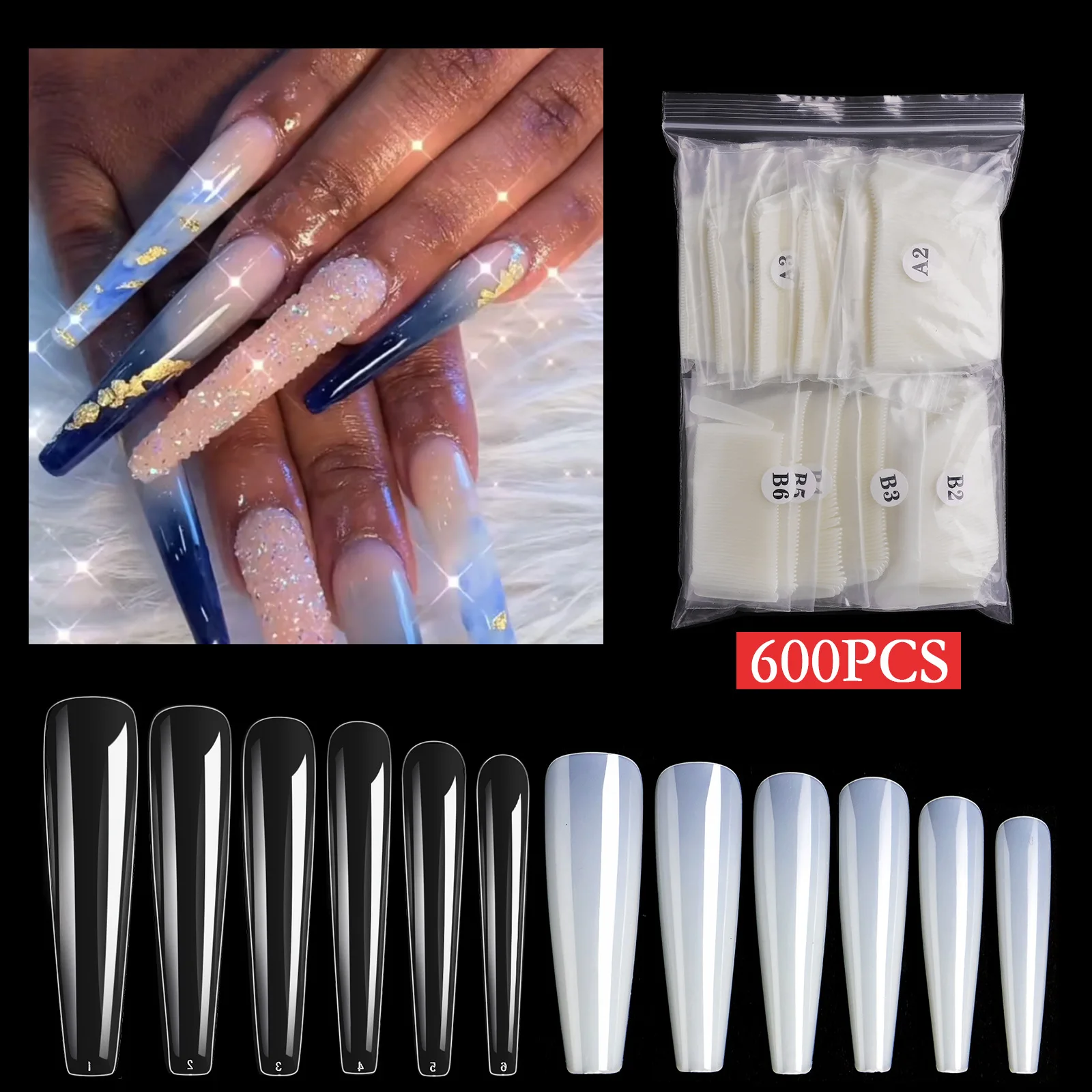 

New 500PCS 4XL Super Long Ballet Coffin ABS False Nail Tips Natural Clear Fake Fingernails Extension Manicure Accessories Set