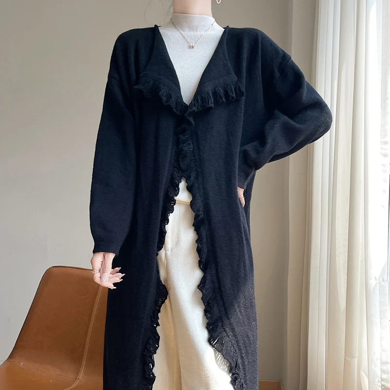 Осень-зима 2024 новое бархатное женское пальто с кисточками и краями простой