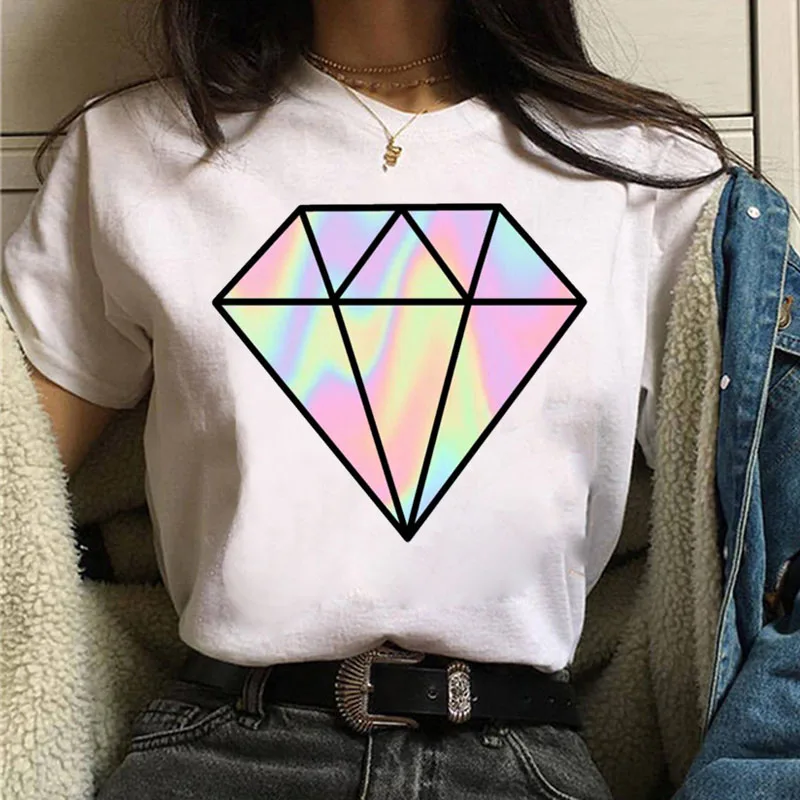 

Cute Diamond Print T Shirt New Summer Women T Shirt Casual Short Sleeve Tops Tee Female White T-shirt Women Graphic T-shirts