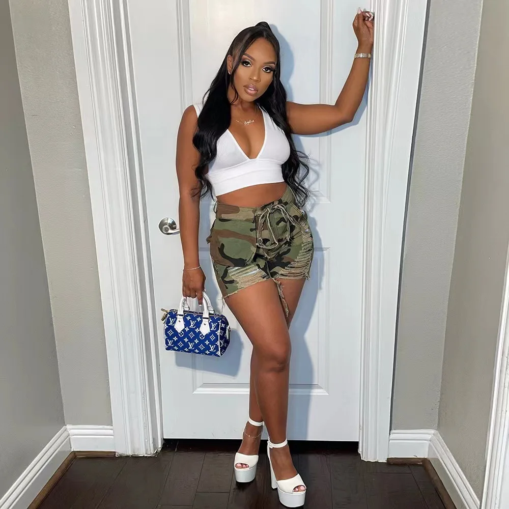 Summer Hight Waist Camouflage Shorts Fashion Tassel Hollow Out Jeans Pockets Short Pants Women Streetwear Loose Straight Shorts