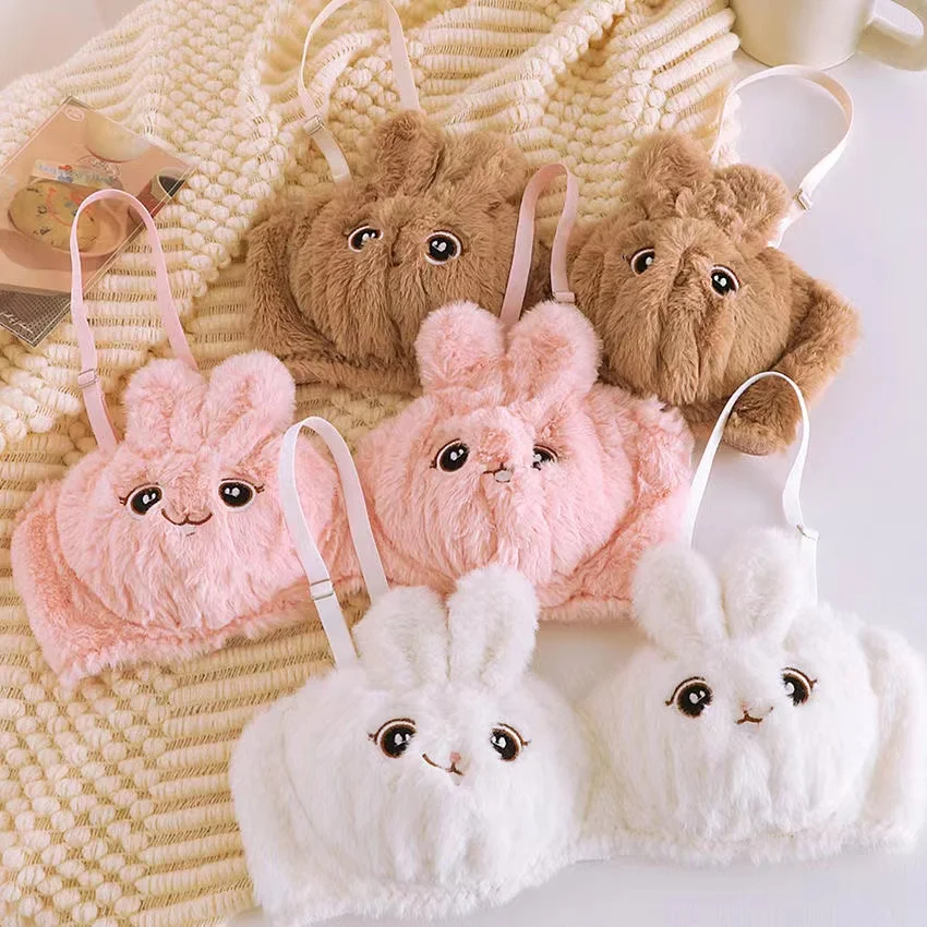 Japanese lolita pink plush cartoon cat embroidery brassiere no steel ring gathered bra set no steel ring suit girl bra and panty