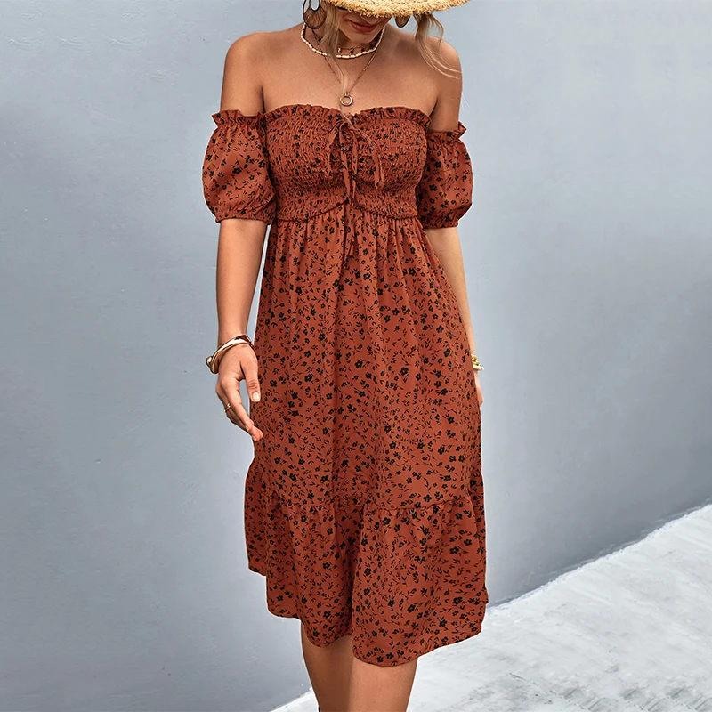 

MosiMolly 2023 Summer Dress Off Shoulder Print Shirred Ruffle Dress Party Club Day Dress