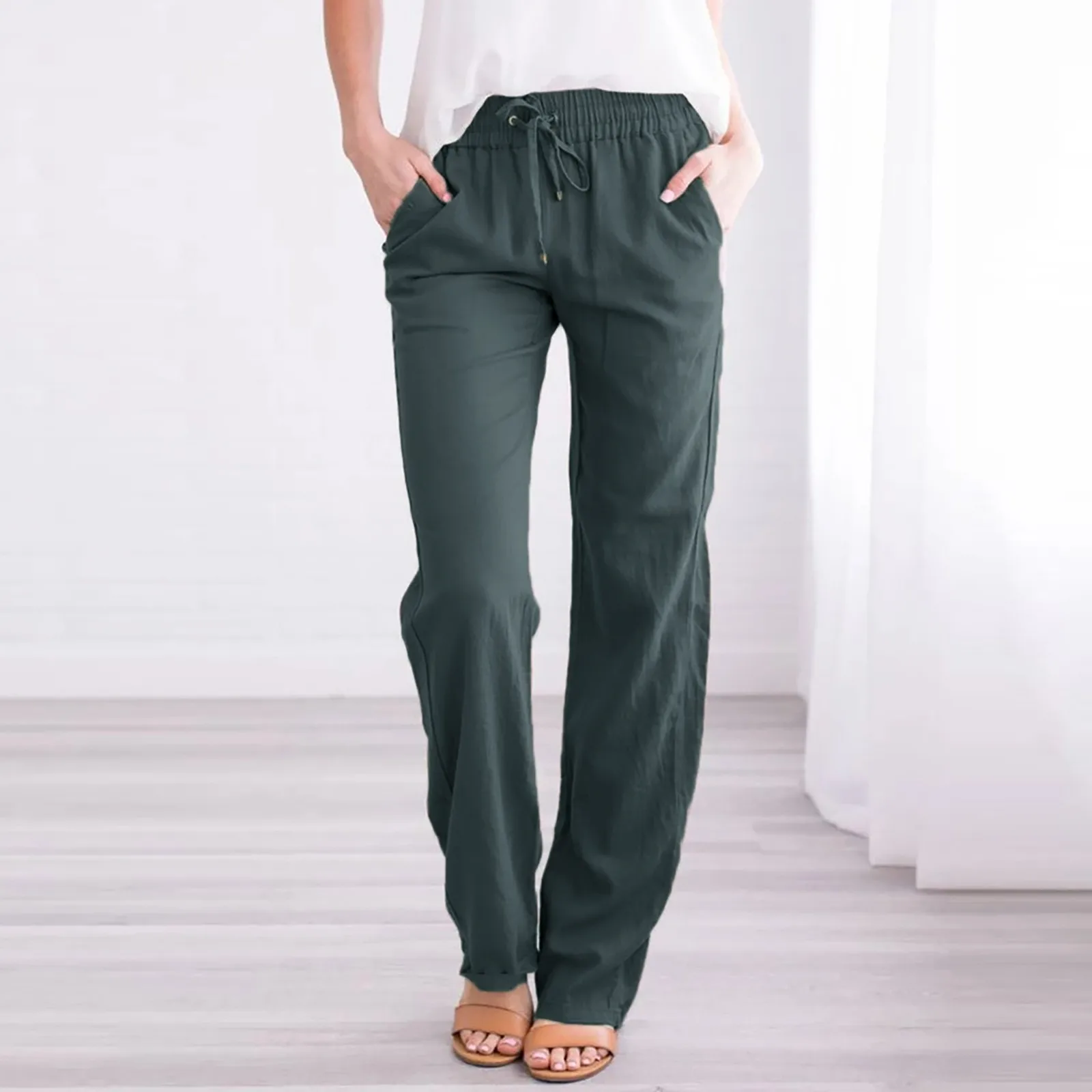 

Брюки женские прямые однотонные из хлопка и льна, широкие повседневные свободные штаны с поясом на резинке, длинные штаны 5xl