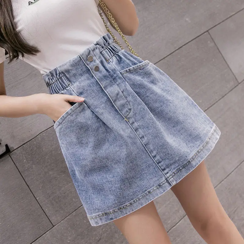 

Summer Pockets Design All-match Women Mini Denim Skirts New Elastic Waist 2021 Female A-line Sexy Blue Skirts Casual Streetwear