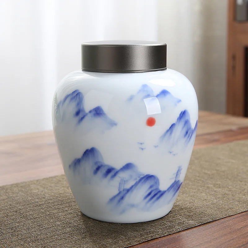 

Creative White Porcelain Storage Jar Ceramic Landscape Sealed Tea Jar Alloy Cover Nut Coffee Bean Herbal Medicine Storage Bottle