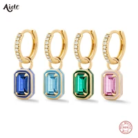 aide 925 sterling silver sparkling rectangle big colorful zircon charm drop earrings for women gorgeous eye catching jewelry 1pc