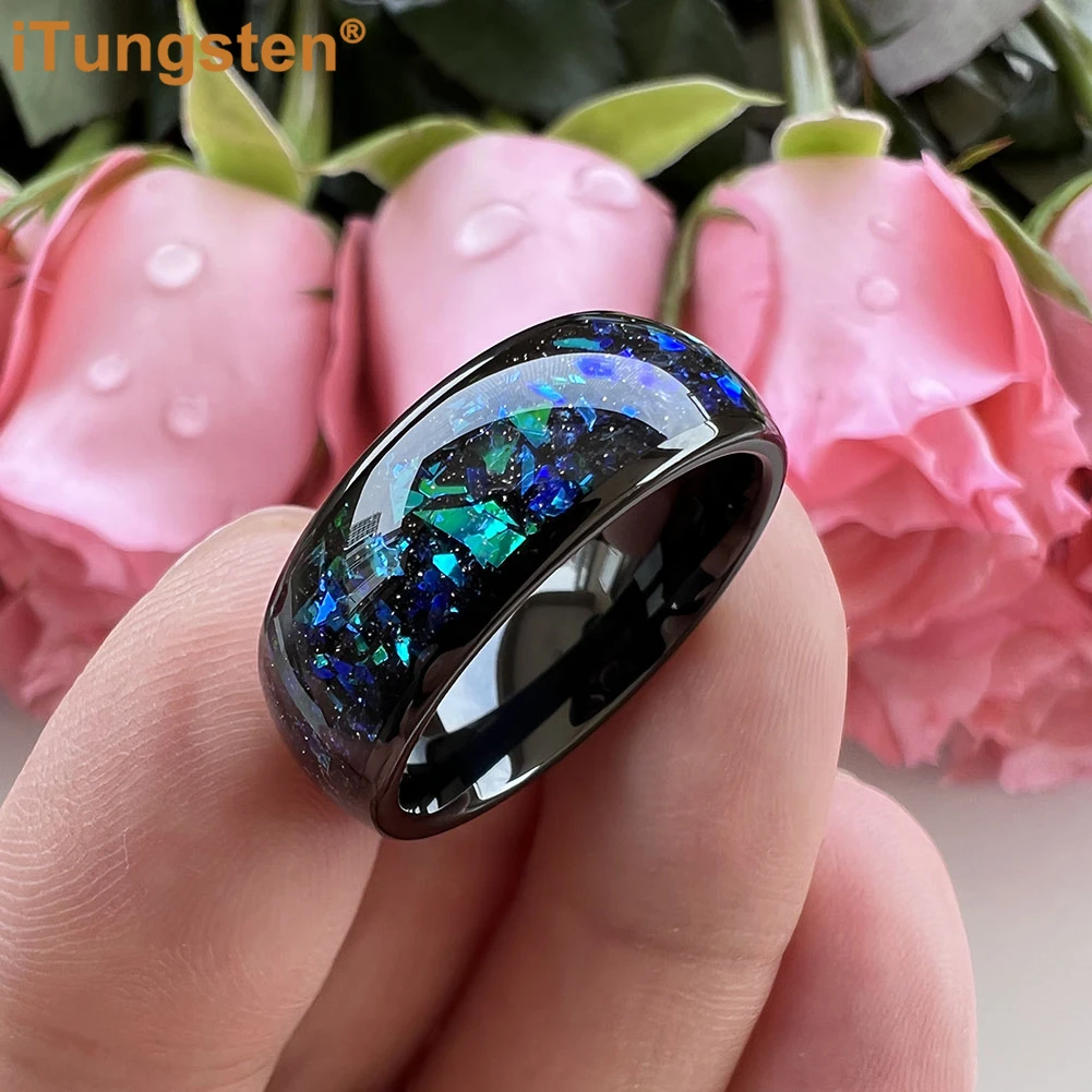 iTungsten 8 мм черное обручальное кольцо из карбида вольфрама блестящее сине-зеленое