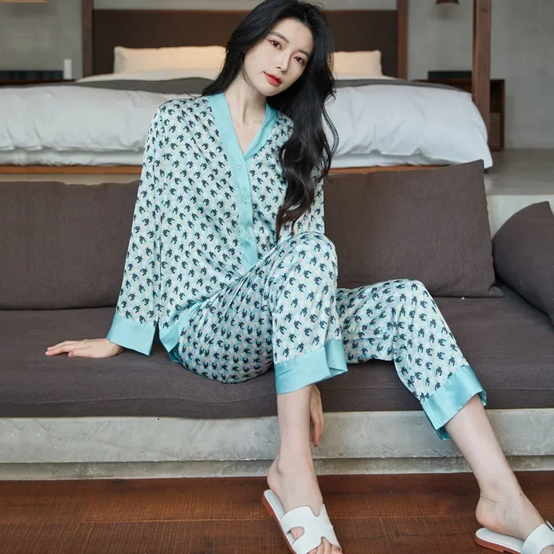 

Sleepwear Casual Nightwear Pajamas Wear Loungewear Sleeve Women Home Long Shirt&pants Set Satin Suit Lapel Printed