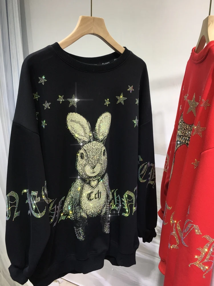 Blingbling Hot Drilling Cartoon Bunny Wings Mid-long Pullovers Top Autumn Winter Loose Hoodies Casual Streetwear Sweatshirts