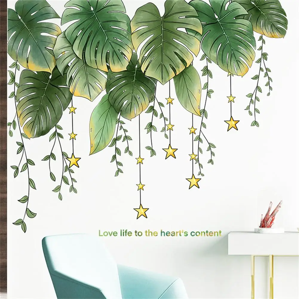 

2 Sheets Tropical Green Leaves Wall Stickers Self-adhesive Wall Decal Murals Wallpaper For Home Living Room Decoration