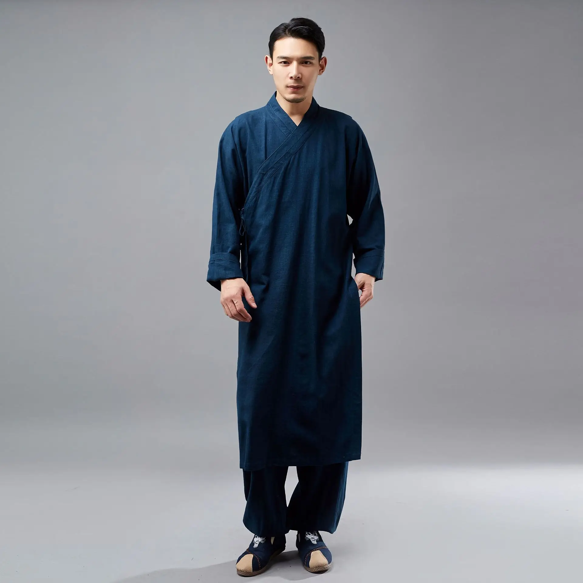 

Casual Tunic Men's Tang Suit Chinese Style Slanted Cardigan Linen Cotton Cloth National Style Robe Long Coat