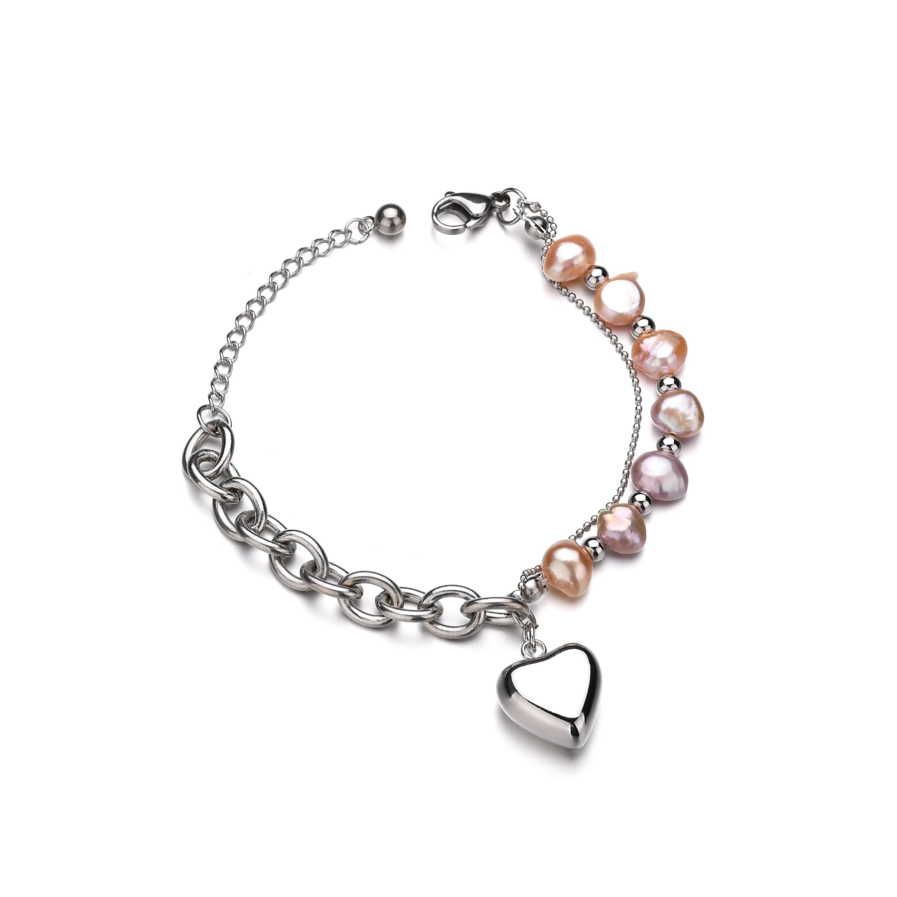 

Stainless Steel Heart Charm Bracelets For Women Natural Baroque Pearl Bracelet Pulseras Metal Heart Bracelet Women
