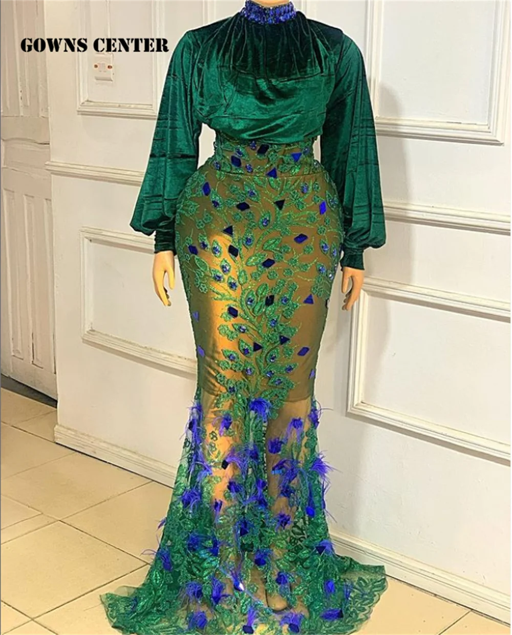 Зеленое бархатное вечернее платье Aso Ebi, свадебное платье с длинными рукавами фонариками в африканском стиле, официальное платье с блесткам...