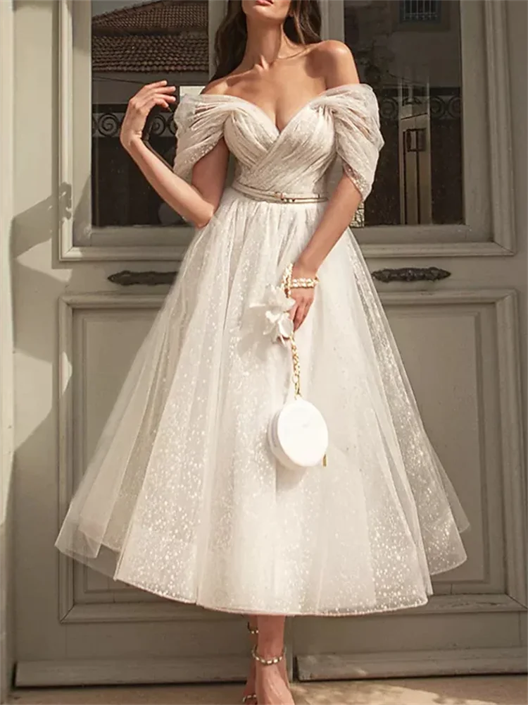

A-Line Cocktail Dresses Elegant Dress Wedding Guest Tea Length Short Sleeve Off Shoulder Sequined with Sash/Ribbon Ruched Sequin