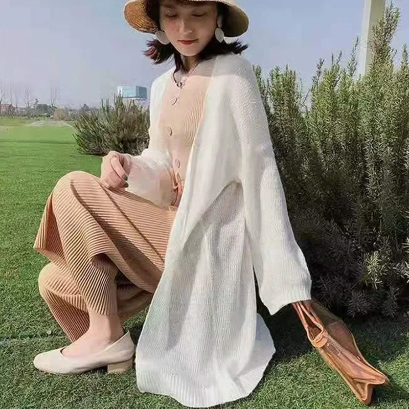 Летний длинный свободный кардиган пальто женский тонкий вязаный свитер с