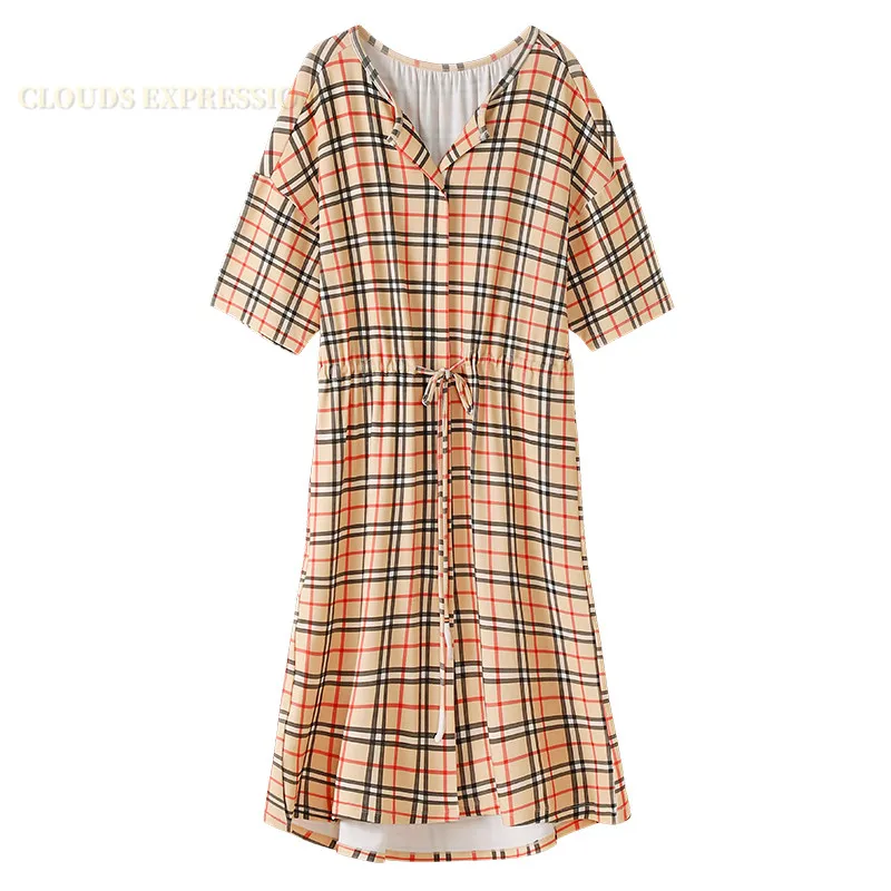 

Summer Knitted Cotton Night Dress Plaid Nightgowns Sleepshirts Women Shirt Nightgowns Homewear Nightdress Nightwear Home Dress