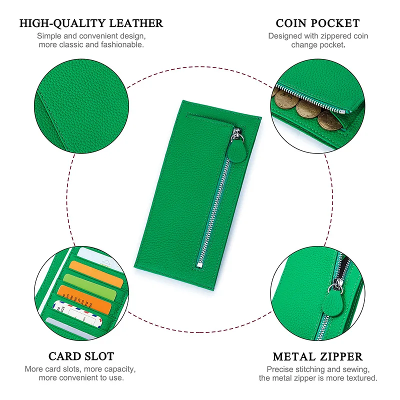 Contact'S Slim Female Card Wallet Cowhide Leather Women Credit Card Holder Zipper Coin Purse Money Clip Multi Color