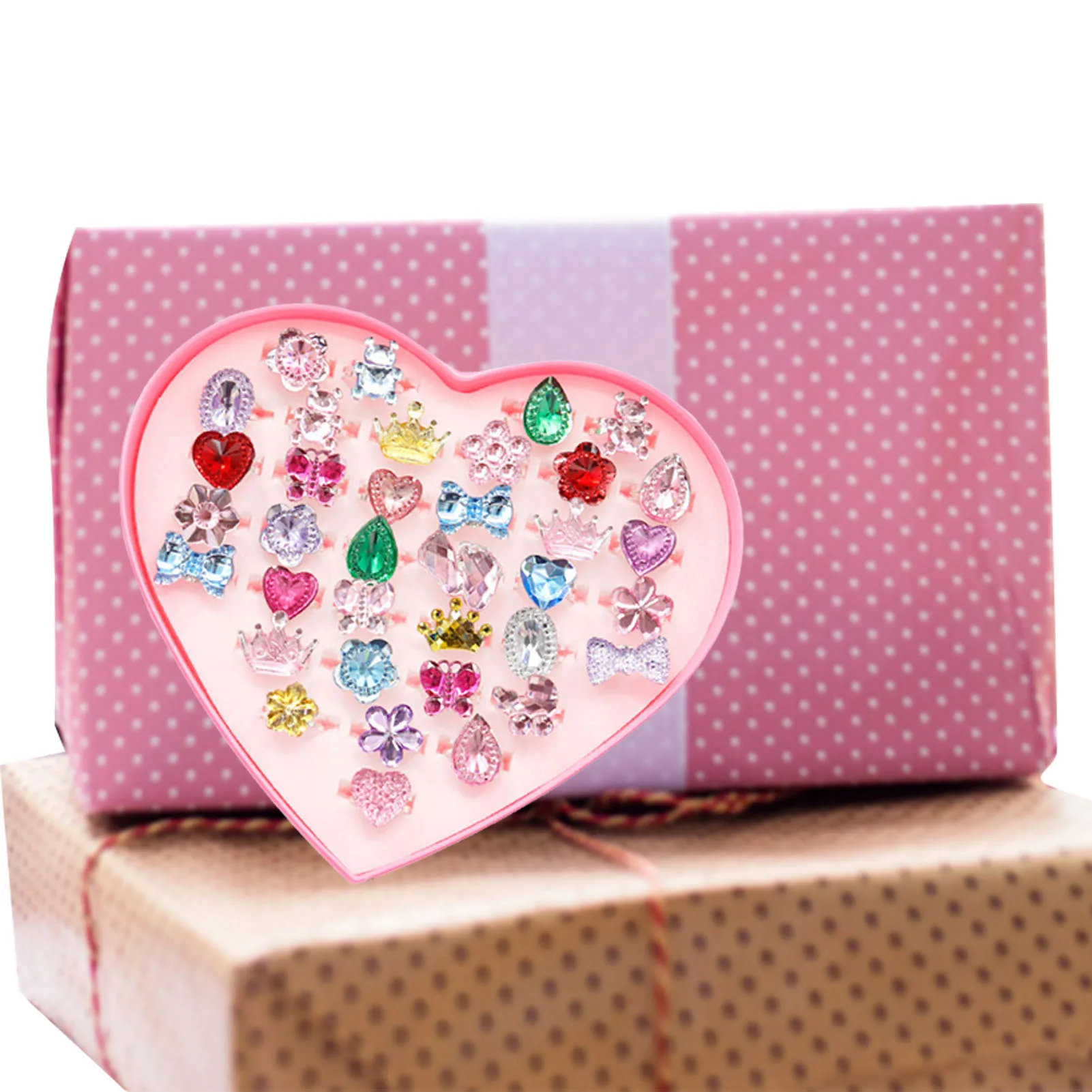 

36 Pcs Girl Adjustable Rings Children's Jewelry Rings Kids Gem Rings Set With Heart Shape Display Case Dress Up Rings For Gift