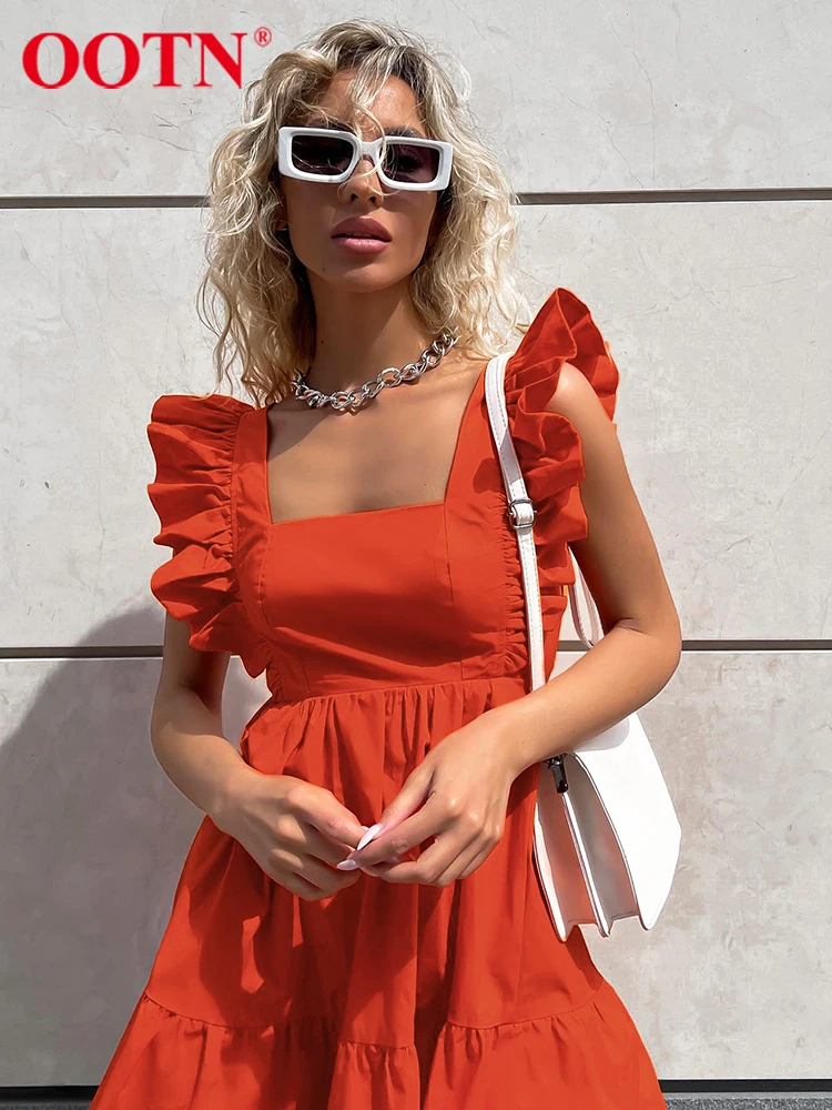 

Сексуальное летнее оранжевое платье OOTN, ажурные платья с квадратным вырезом и летающим рукавом, с бантом и шнуровкой, женское мини-платье-тр...