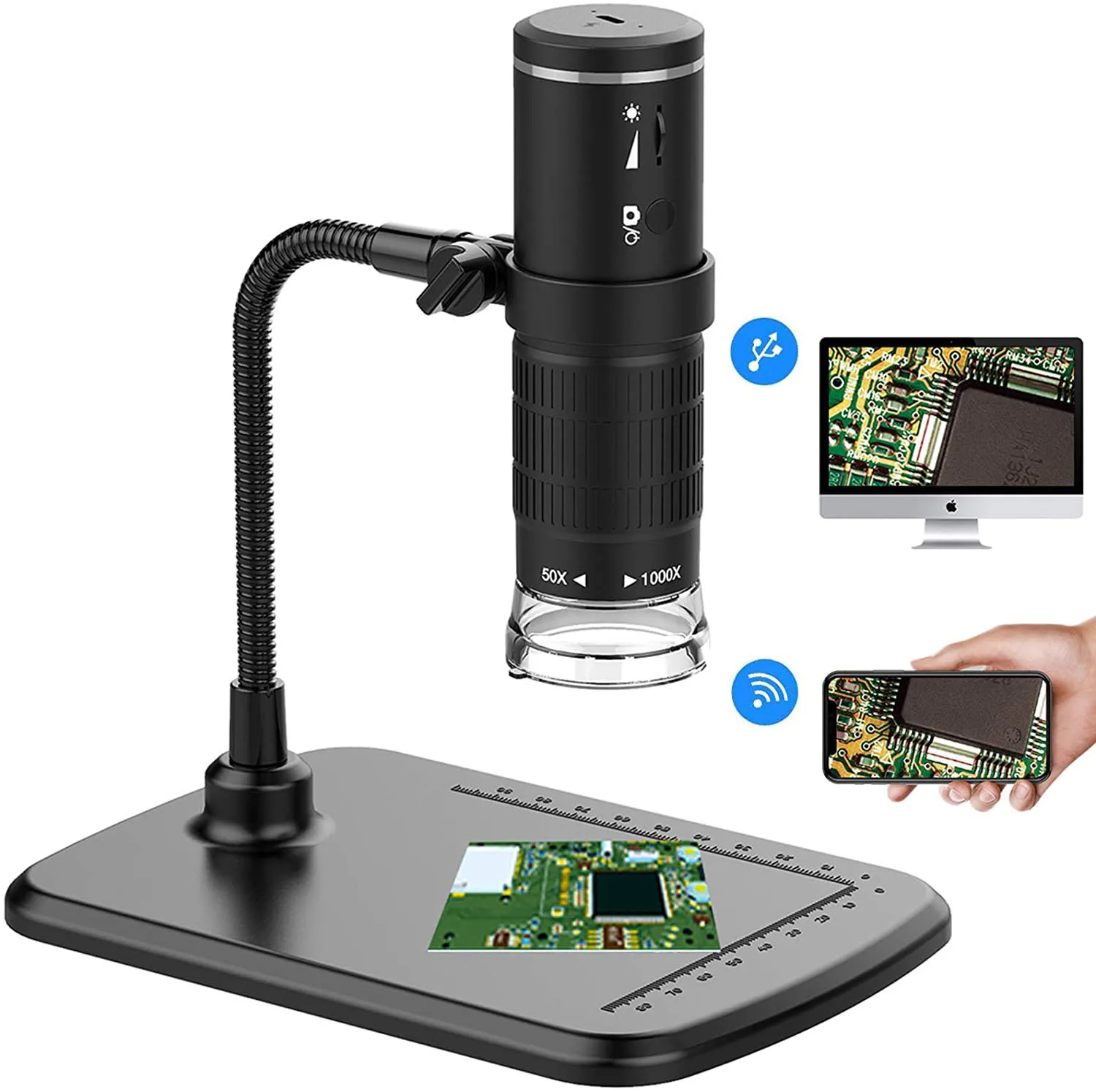 Wireless Digital Microscope Handheld USB HD Inspection Camera 50x-1000x Magnification with Flexible Stand For iPhone iPad PC