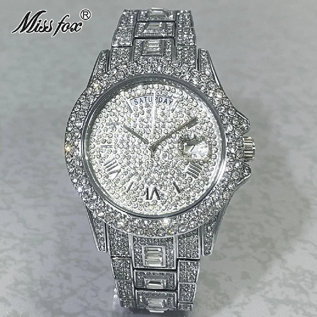 

Famous Brand Sliver Watches Men Luxury Full Iced Out Diamond Fashion Smart Wristwatch Auto Date Week Quartz sports AAA Clock Hot