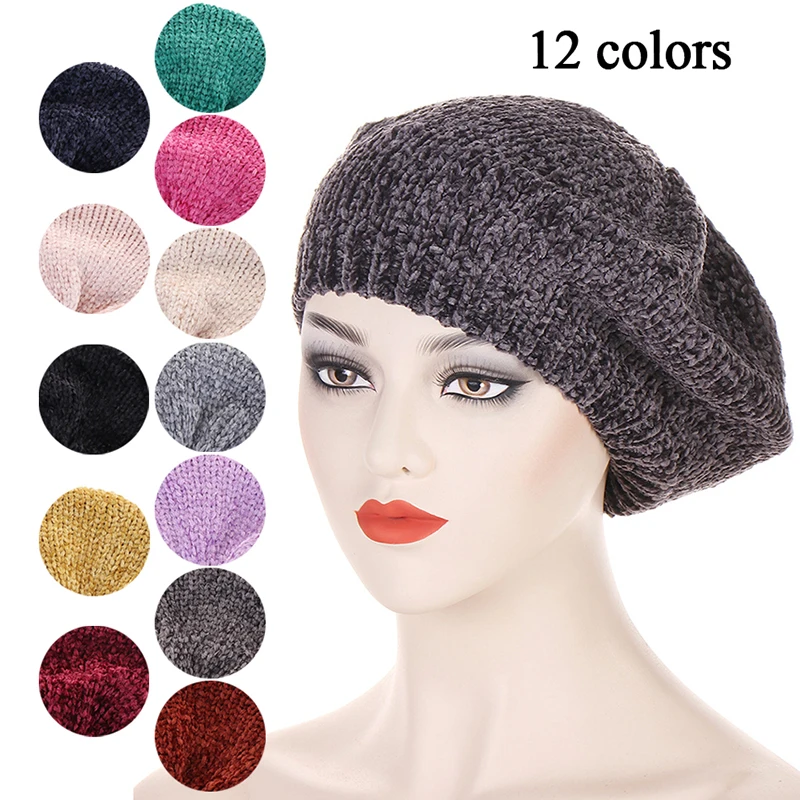 

2022 Fashion Winter Warm French Beret Hat Chenille Material Elegant Beanie Caps Solid Color Casual Hat For Women Girl Bonnet