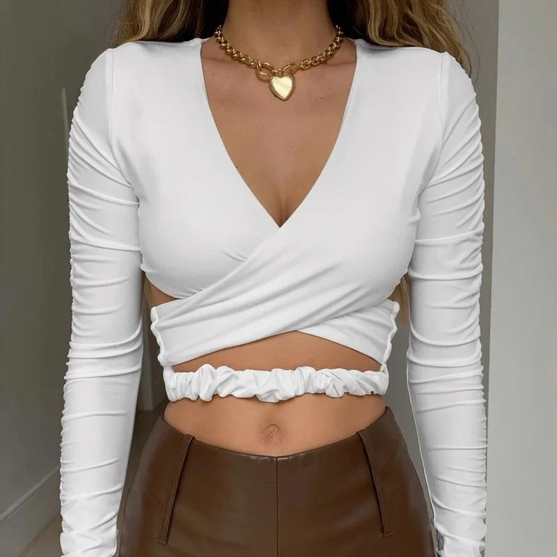 

Slim T-shirt Women's Deep V Elastic Cross Wrap Cropped Top Chic and Fashionable Pleated Long-sleeved Tailored Halter Pullover