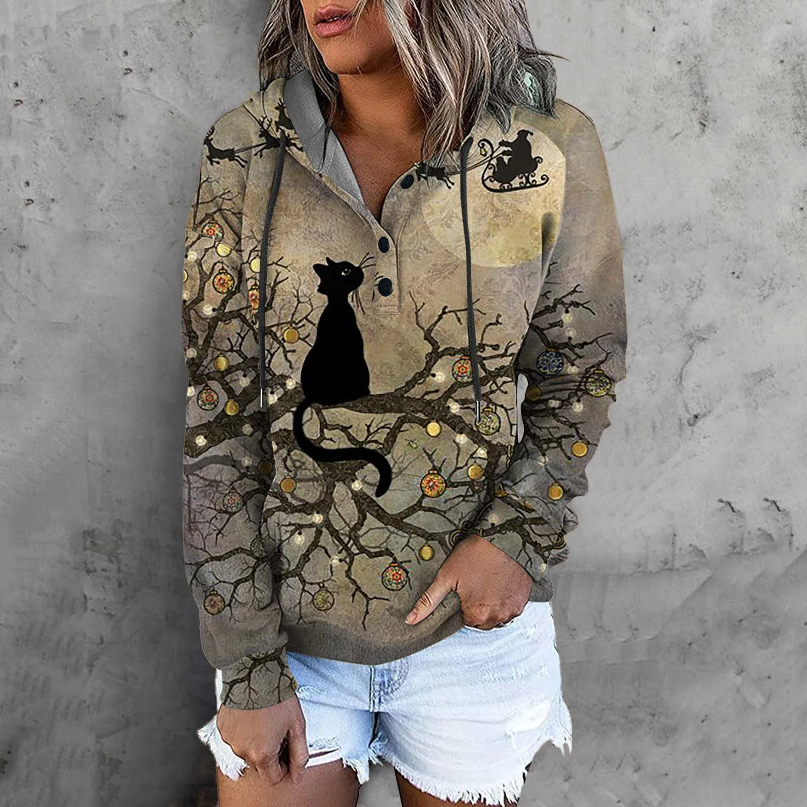 

Cat Print Vintage Hoodies Women Hooded Sweatshirts Autumn Long Sleeve Tops Buttoned Pullovers Christmas Sweatshirt Sudaderas