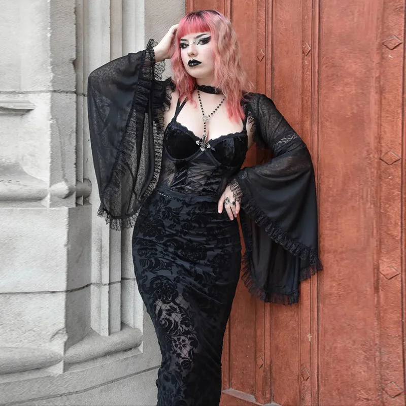 

New Designed Retro Goth Fashion Women Shawl Solid Color Long Flare Sleeve Cardigan Gothic Style Lady Shawl For Spring 2023