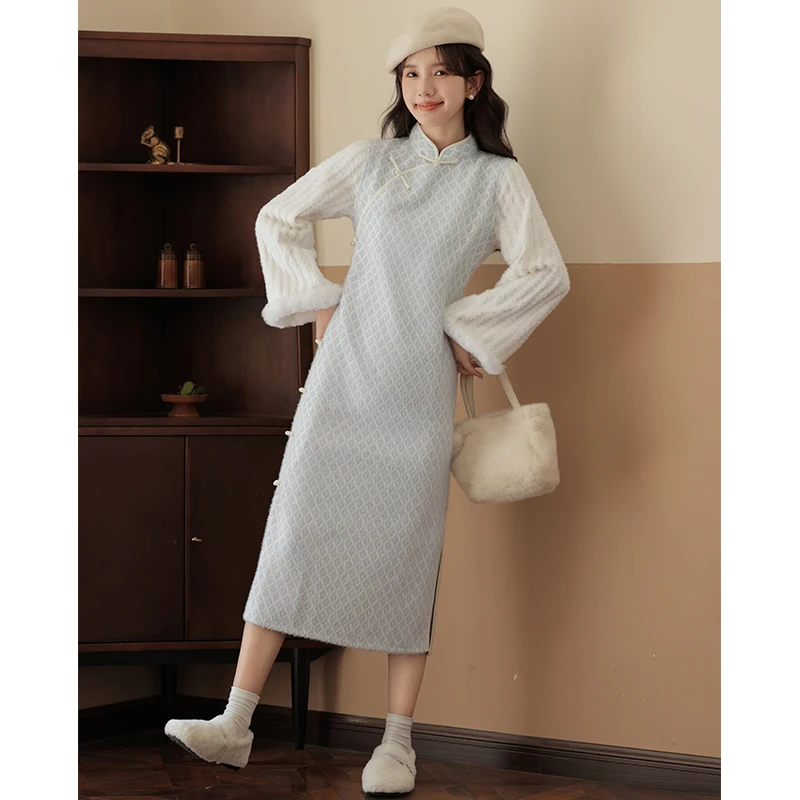 Новое китайское элегантное искусственное женское платье из двух предметов зима