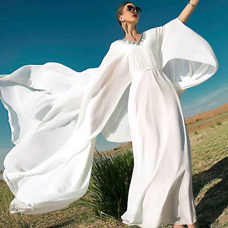 Caftan Marocain White Muslim Dress with Cape Arabic Abayas for Women Dubai Evening Wedding Dresses Islam Africa Clothes Djellaba
