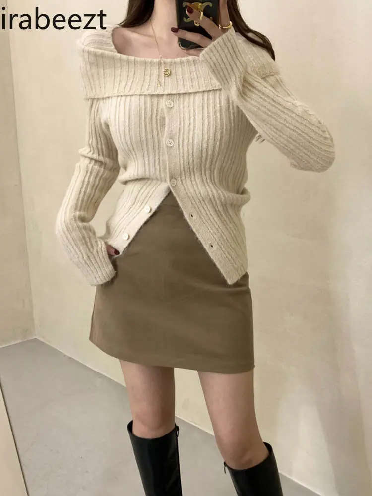 

Зимний женский свитер Irabeezt, кардиганы с воротником-лодочкой, однотонный вязаный кардиган, Свободный Повседневный сексуальный свитер для де...