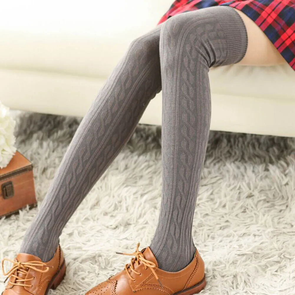 

New Fashion 5 Solid Color Cotton Jacquard Weave Autumn Winter Thigh High Over Knee Spiral Pattern Ladies Brand Stocking