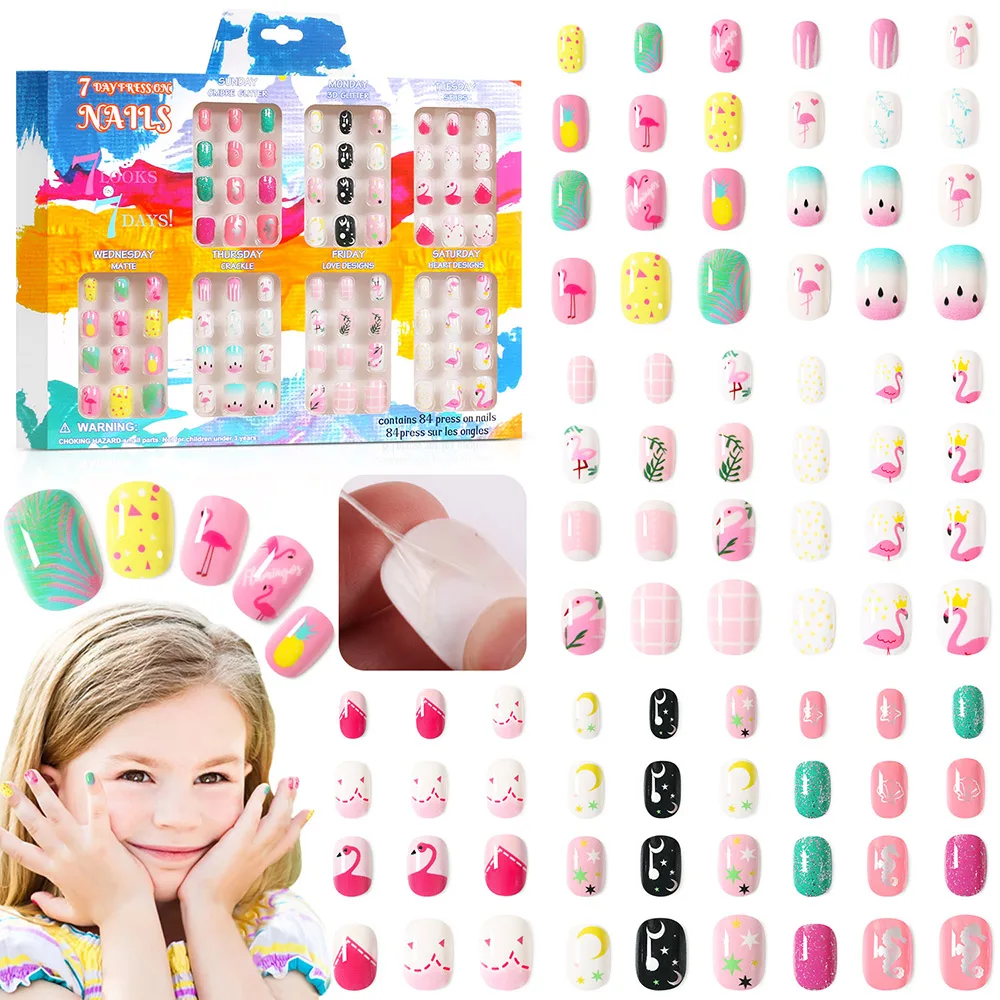

84 шт Дети Нажмите на ногти Фламинго Ложные поддельные ногти полное покрытие палка на ногти дети наклейки для ногтей Ложные ногти Декор