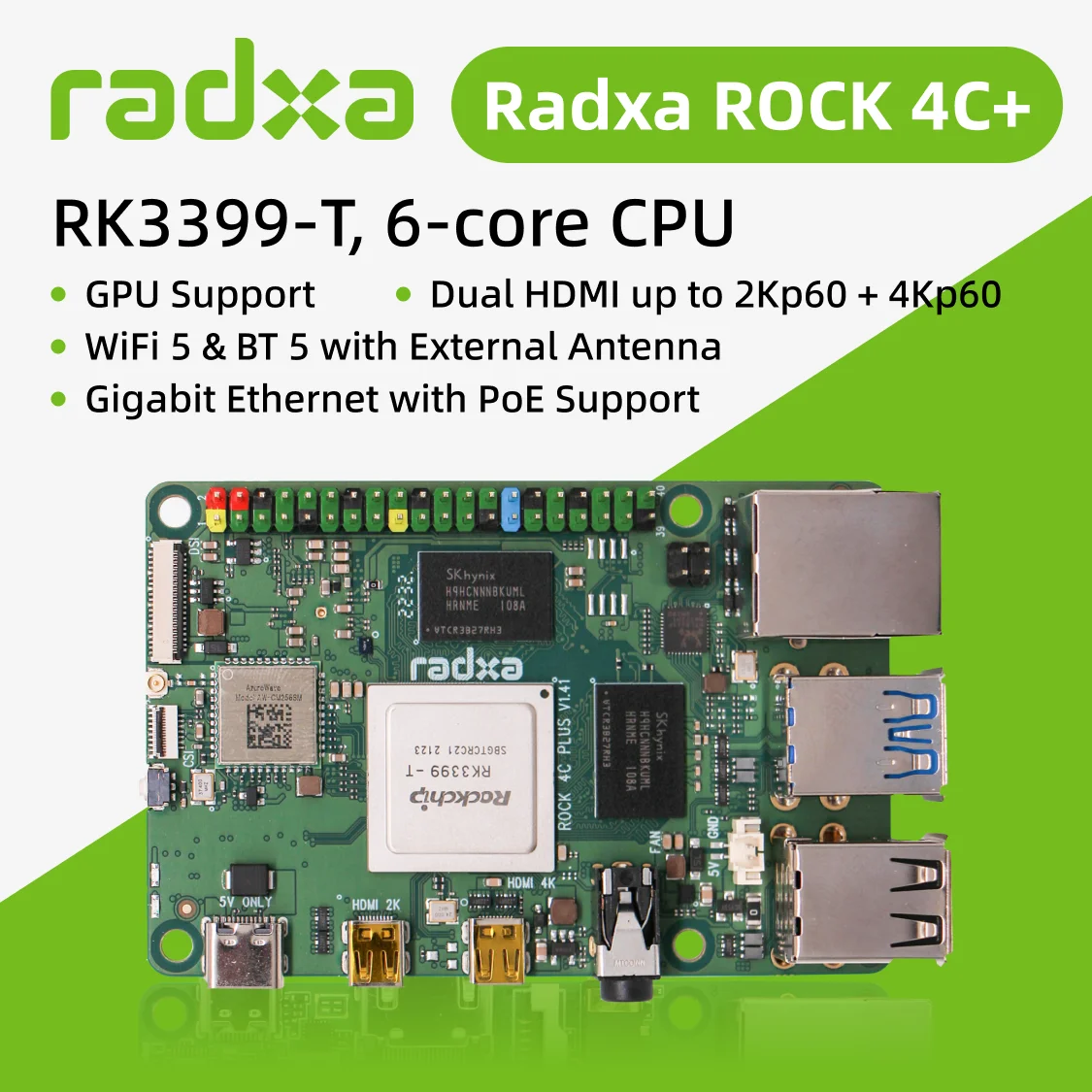 Фото AvaCoreRadxa ROCK 4C+, HDMI с поддержкой 4K, RK3399-T, 6-ядерный процессор SBC, Wi-Fi 5 и Gigabit Ethernet, одноплатный компьютер №2