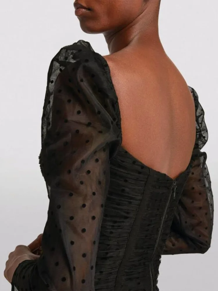 

Women Shirts Polka Dot Blouse and Top Square Collar Classic Black Pleated Chemise Long Sleeve 2022 Spring Backless Shirts
