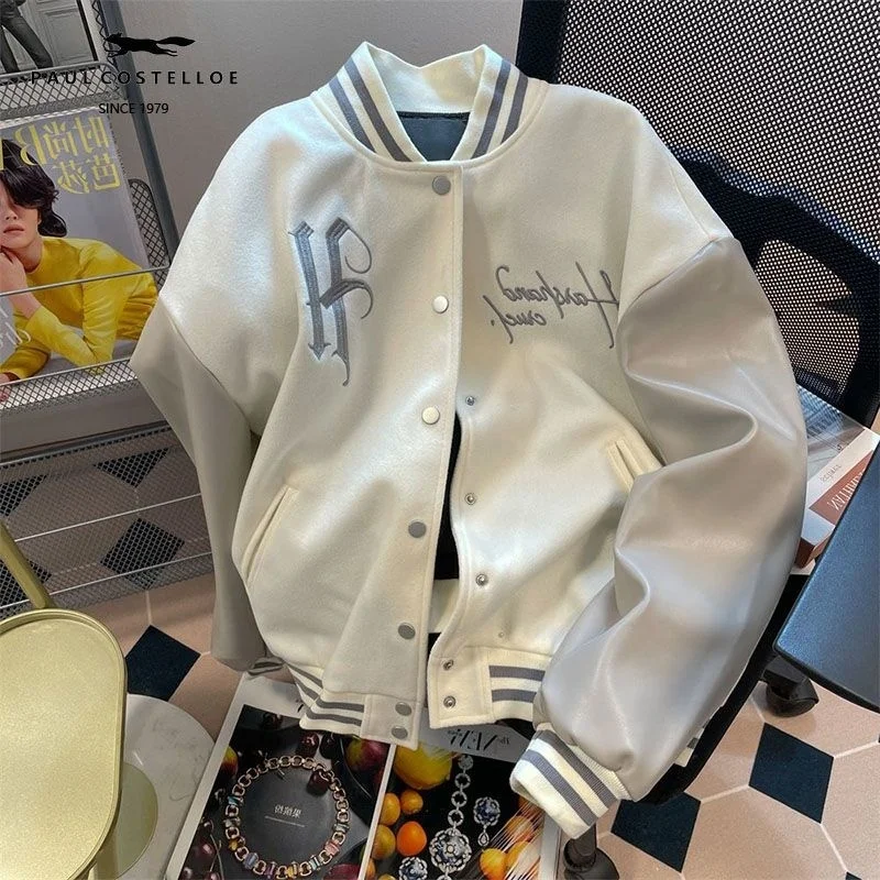 

Stitching baseball jacket male and female couples with the same style 2023 spring and autumn tide brand hiphop motorcycle jacket