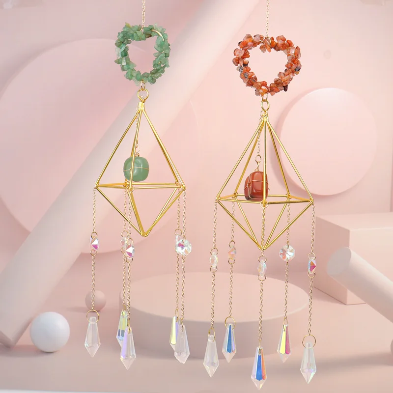 sun Catcher Crystal Lamp Stand Hanging Window Garden Decoration Handmade Copper Wire Wrap Natural Gravel Heart Shaped Ornament