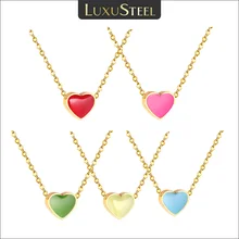 LUXUSTEEL Fashion Oil Drip Pink Red Colorful Love Heart Pendant Necklace For Women Girls Stainless Steel Rolo Chain Choker BFF