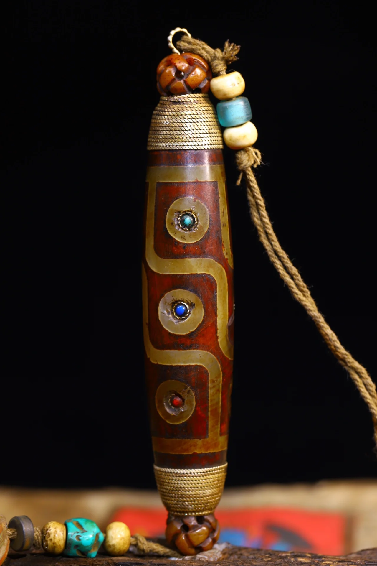 

5"Tibet Temple Collection Old Natural Agate Mosaic Gem gZi Beads Pendant Pendant Amulet Dharma Amass wealth Town house Exorcism