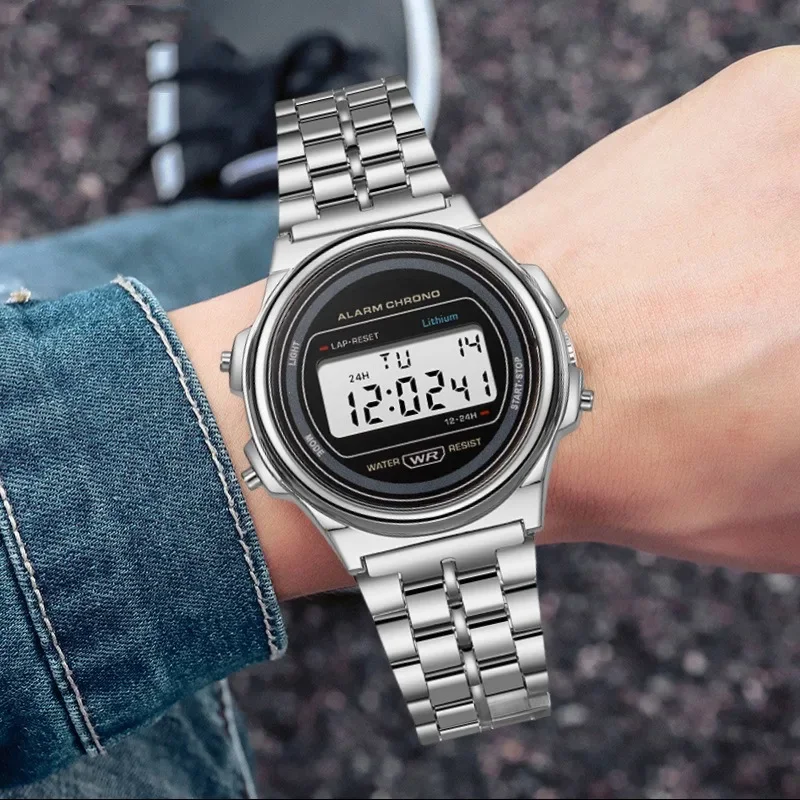 Водонепроницаемые часы со стальным ремешком зеркальные цифровые круглые