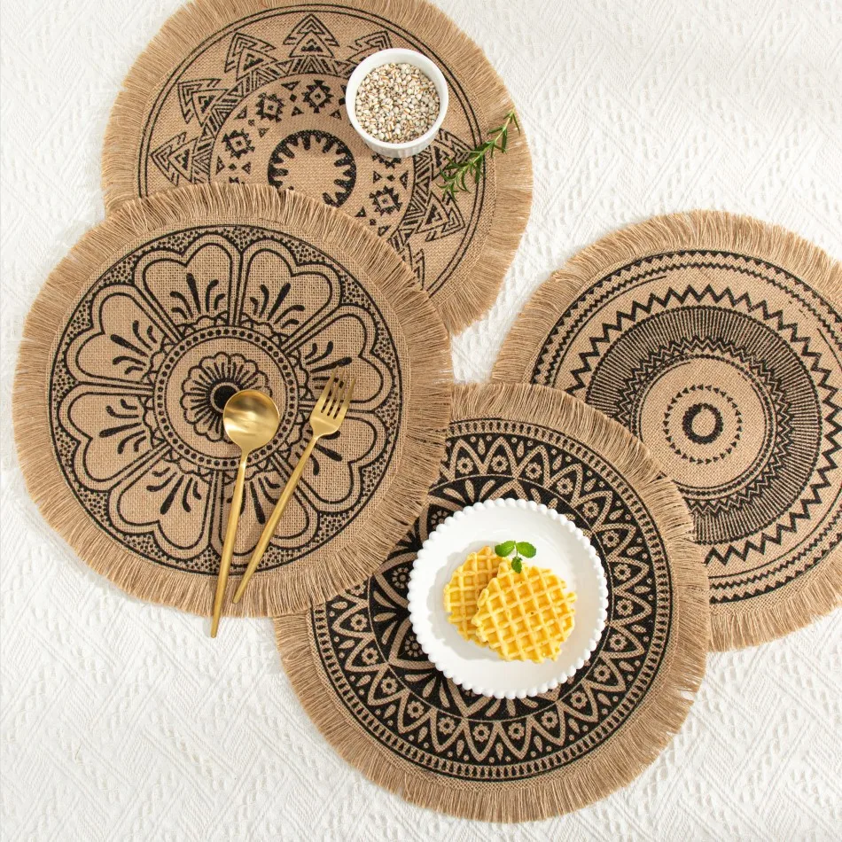 

Simple handmade woven jute meal mat, retro restaurant cotton and linen decorative mat, shooting props, vase mat