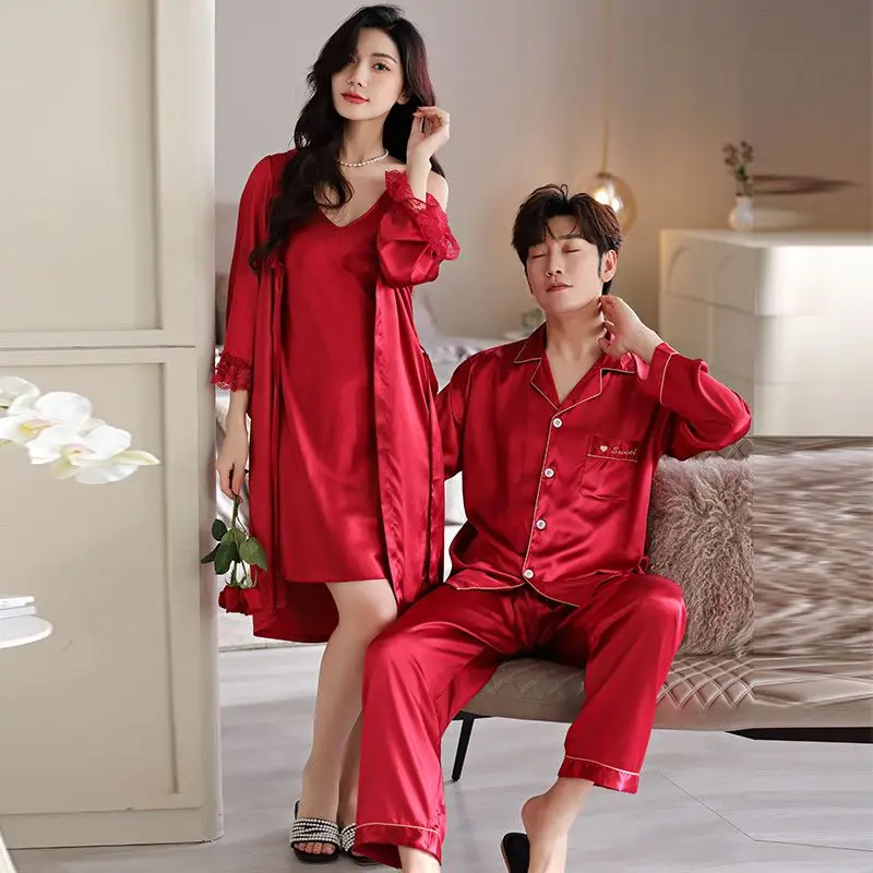 1 Wedding couple ice silk pajamas female spring and autumn sexy suspender pajamas real silk male summer red two-piece set
