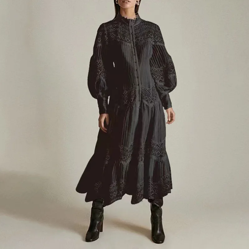 

SuperAen Fashion Design Long Dress 2022 Autumn New Fashion Hollow Out Lantern Sleeve Elegant Dress