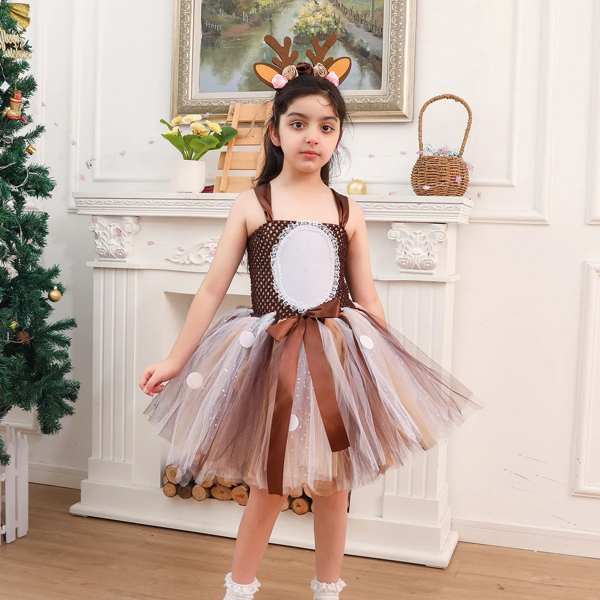 

Xmas Reindeer Cosplay Dress Mesh Ball Gown Patchwork Performance Stage Children Kids Dresses Girl Christmas Costume Vestidos