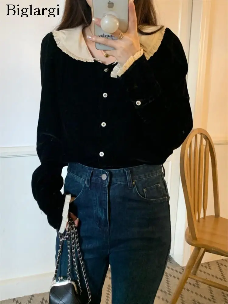 

Autumn Velvet Shirt Women Patchwork Fashion Ruffle Pleated Long Sleeve Ladies Blouses Korean Style Vintage Woman Shirt Tops 2023