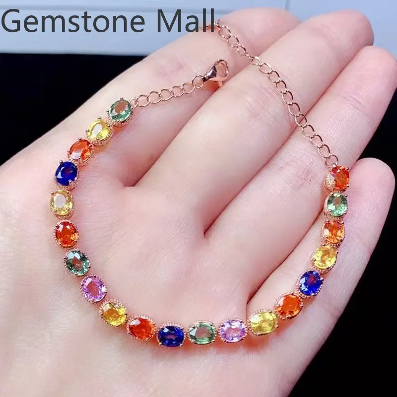 

Total 8ct Multicolor Sapphire Bracelet 20 Pieces 4mm*5mm Natural Sapphire Silver Bracelet with 3 Layers 18K Gold Plating